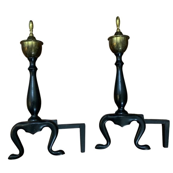 Vintage Federal Style Brass & Black Wrought Iron Andirons Log Holders Pair MCM - Picture 8 of 11